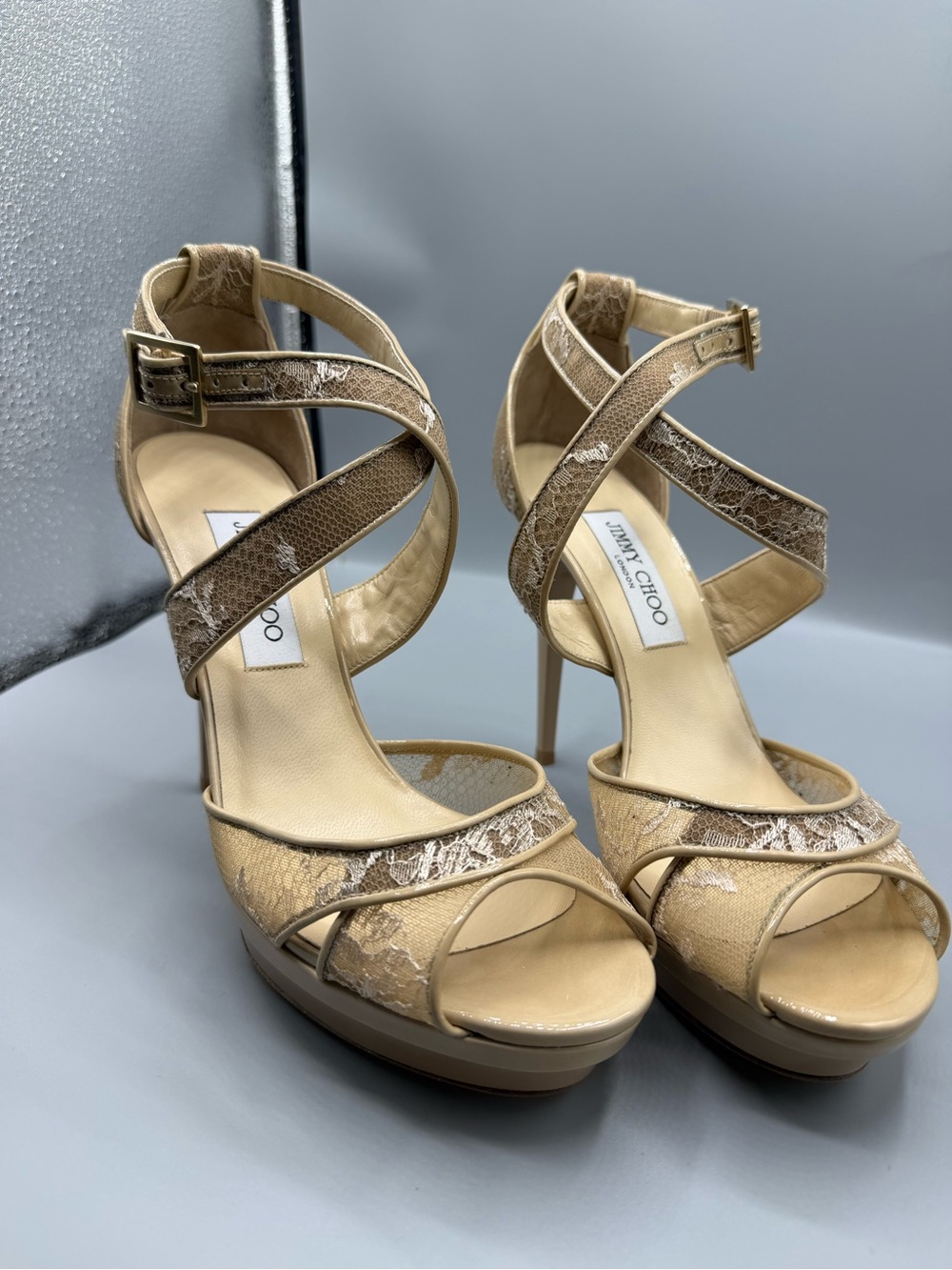 Jimmy Choo Nude Lace Crisscross Platform Stilettos